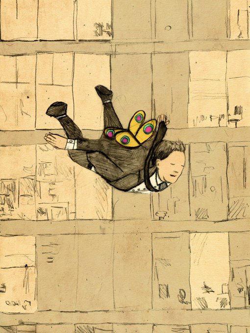 A whimsical ink and colored pencil illustration of a person in a suit with colorful butterfly wings, depicted flying or floating against a beige, grid-like background.
