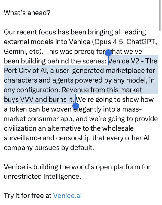 Screenshot of a message titled 'What's ahead?' discussing Venice AI's integration of external models and the launch of Venice V2, with highlighted text about it being a user-generated marketplace powered by any model.