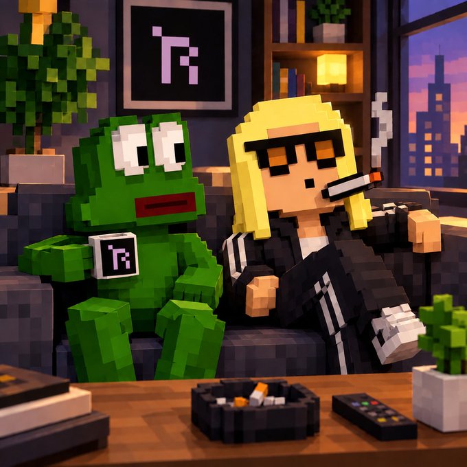 A pixel-art style illustration depicts a green frog-like character and a blonde character with sunglasses sitting on a couch in a living room setting.
