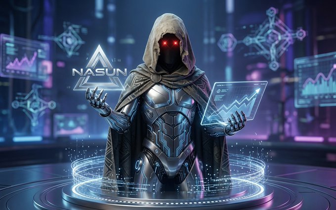 A futuristic hooded figure in metallic armor holds holographic displays showing charts, with a 'NASUN' logo and charts in the background, suggesting a crypto or tech promotion.