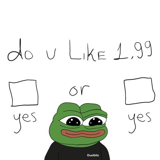 A hand-drawn meme reads “do u Like 1.99” and asks “or,” with “yes” written under two empty boxes. The Pepe-style Duelbits character appears at the bottom, matching the post announcing the launch of Duelbits 1.99.