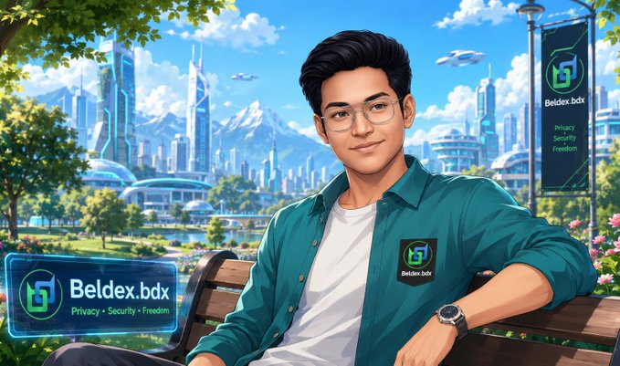 An illustrated avatar of a young man wearing glasses and a teal shirt sits on a park bench with a futuristic city skyline behind him, flanked by banners displaying the logo 'Beldex.bdx - Privacy • Security • Freedom'.