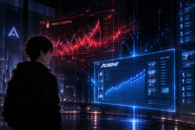 An anime-style illustration of a person looking at floating holographic screens displaying 'PRICE / CAPITAL' charts in red and blue, with Cyrillic text 'Асеріч' visible.