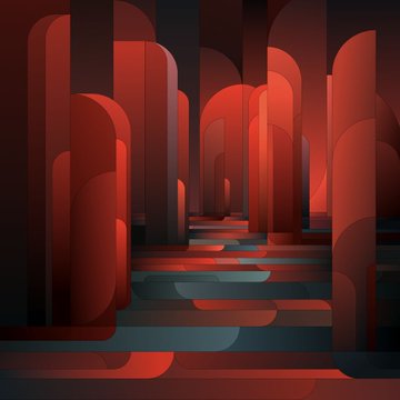 A stylized digital illustration of a futuristic corridor or temple featuring repetitive red pillars and arches with dark shadows.
