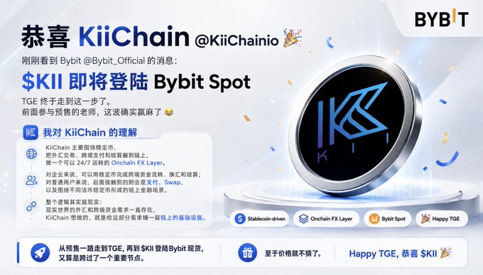 Chinese-language promotional graphic from Bybit announcing the upcoming listing of $KII token (KiiChain) on Bybit Spot, featuring a metallic KiiChain coin and details about its TGE.