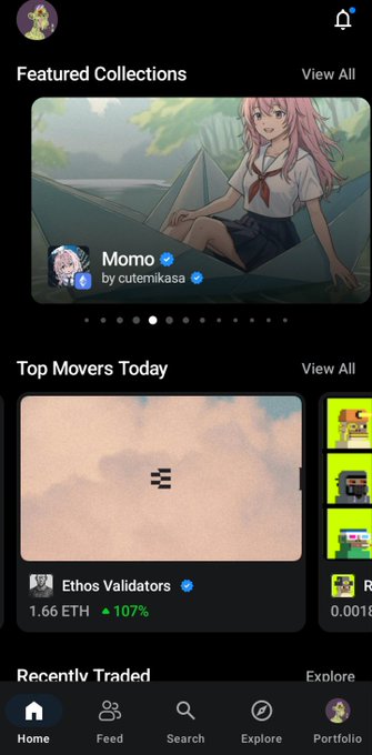 A mobile app interface displaying "Featured Collections" with a character named "Momo by cutemikasa", and a "Top Movers Today" section showing "Ethos Validators" at 1.66 ETH with a 107% increase.