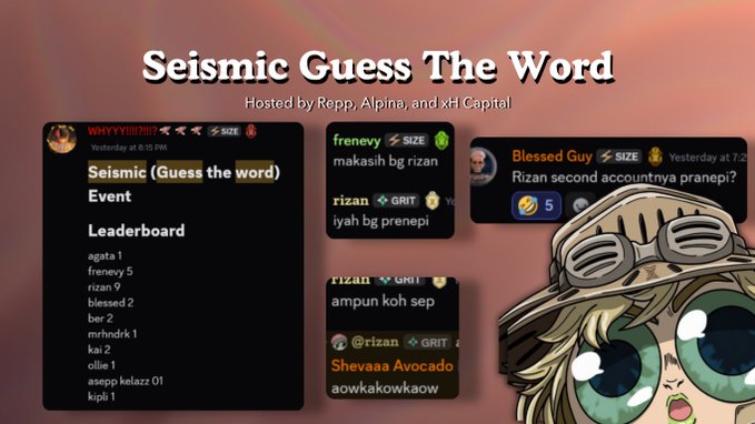 A promotional graphic for a 'Seismic Guess The Word' event hosted by Repp, Alpina, and xH Capital, displaying a leaderboard and chat messages with usernames like 'frenevy' and 'Blessed Guy'.