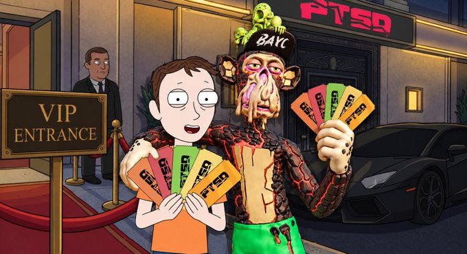A cartoon illustration of two characters outside a "PTSQ" VIP entrance, one holding a fan of "PTSQ" branded cards while a grotesque figure stands behind them near a black Lamborghini.