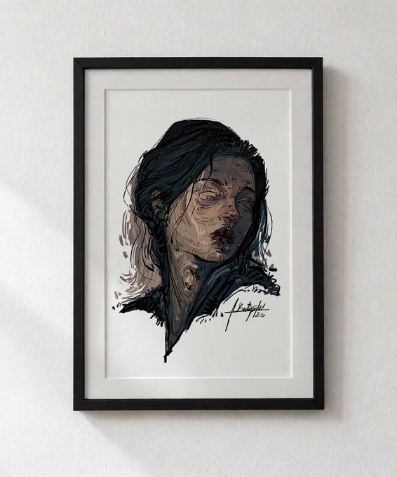 A framed ink and watercolor portrait of a person with closed eyes and dark hair, rendered in a loose, expressive style with brown and blue tones, signed and dated '20'.