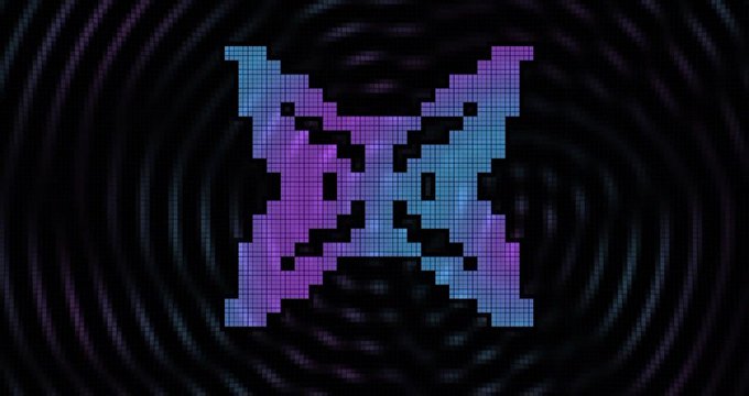 A pixelated 'X' symbol in gradient blue and purple colors displayed on an LED-style screen with a swirling black background.
