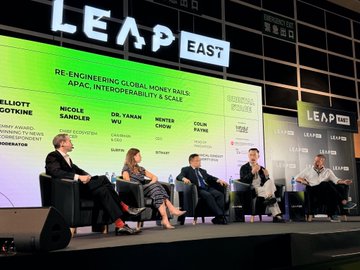 A panel at LEAP East titled "Re-Engineering Global Money Rails: APAC, Interoperability & Scale" features speakers including Michael Gotkin, Michele Sandler, Dr. Yaron Wu, Minka Chow, and Colin Pua seated on stage at the Hong Kong Convention and Exhibition Centre.