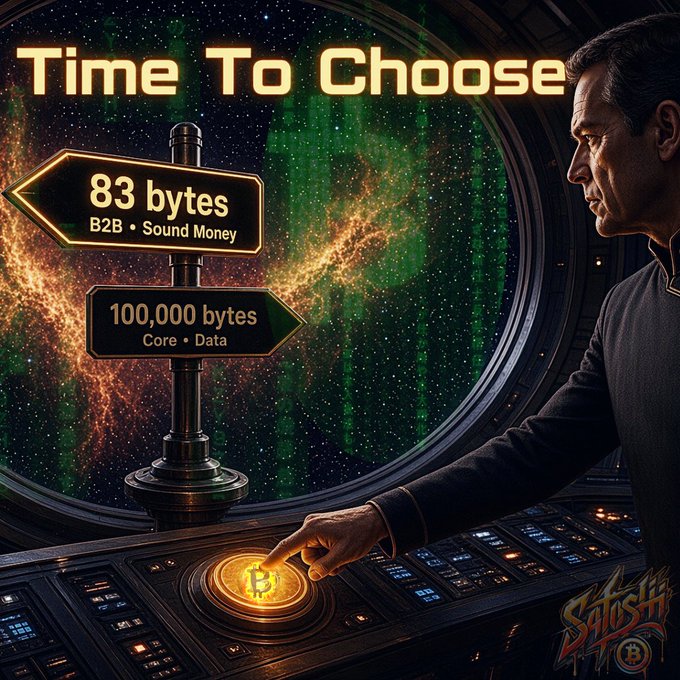 A sci-fi themed promotional image titled 'Time To Choose' shows a man at a control panel pressing a Bitcoin button, with a directional signpost displaying '83 bytes - B2B • Sound Money' and '100,000 bytes - Core • Data' against a cosmic background.