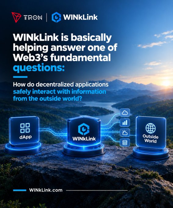 A digital advertisement by TRON for WINkLink, posing the question of how decentralized applications safely interact with external information, featuring glowing blue app icons over a scenic mountain landscape.