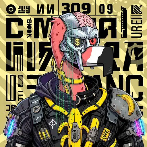 A cyberpunk-style digital illustration of a cybernetic flamingo wearing tactical gear with bananas attached, featuring '$' currency symbols, visible text including 'CYBOR', 'UREIK', '309 09', and 'LOVE' patches.