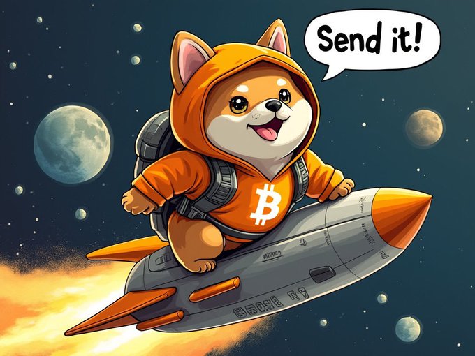 A cartoon illustration of a Shiba Inu dog wearing an orange Bitcoin hoodie riding a rocket through outer space, with a speech bubble saying 'Send it!'