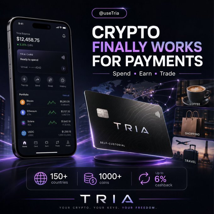 A smartcard is presented sitting next to a cell phone showcasing cryptocurrency trading, and both devices display ads for Tripa. The text implies that web3 adoption will be simpler with crypto payment services like those offered by Tripa. Besides, the company is also working on enhancing users' experience with web3-based applications using AI and blockchain technology.