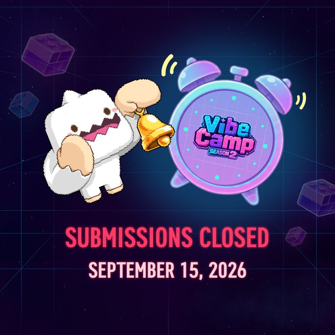 A pixel-art polar bear rings a "Vibe Camp Season 2" alarm bell against a starry purple backdrop, with bold red text announcing "SUBMISSIONS CLOSED SEPTEMBER 15, 2026." The image visually reinforces the post's message that MapleStory Vibe Camp Season 2 build submissions have officially ended, signaling the transition from the building phase to the upcoming player voting period ahead of the October 8 winner announcement.