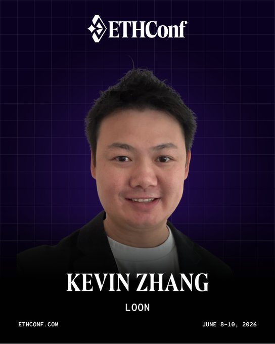The image features a man with short hair wearing a black suit jacket and smiling at the camera. The background of the photo has a purple hue, which contrasts with the man's dark hair color. The text "@kevinzhangto @LoonFinance" is visible in the image, indicating that this person might be an EthCon speaker or a speaker for a company named "Loon". Additionally, there are two dates and times provided: June 8-10, NYC and June 9-11, 2020.
