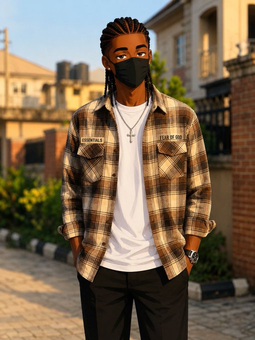 A digital illustration of a young man with braided hair wearing a black face mask, a cross necklace, and a plaid flannel shirt with 'ESSENTIALS' and 'FEAR OF GOD' text on the chest pockets.