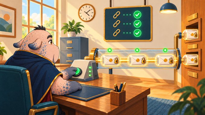An illustrated scene features an anthropomorphic character with horns seated at a desk, operating a control panel connected to a transparent tube system containing locked envelopes, with a digital board showing checkmarks in the background.