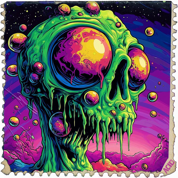 A vibrant psychedelic digital artwork designed like a postage stamp, featuring a melting green skull-like figure surrounded by colorful orbs in a cosmic setting.