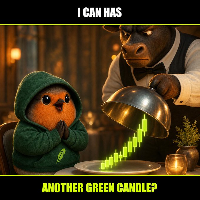 A meme-style image shows a small bird in a green hoodie praying while a bull-headed waiter in formal attire lifts a cloche to reveal green trading candles, with text reading 'I CAN HAS' and 'ANOTHER GREEN CANDLE?'.
