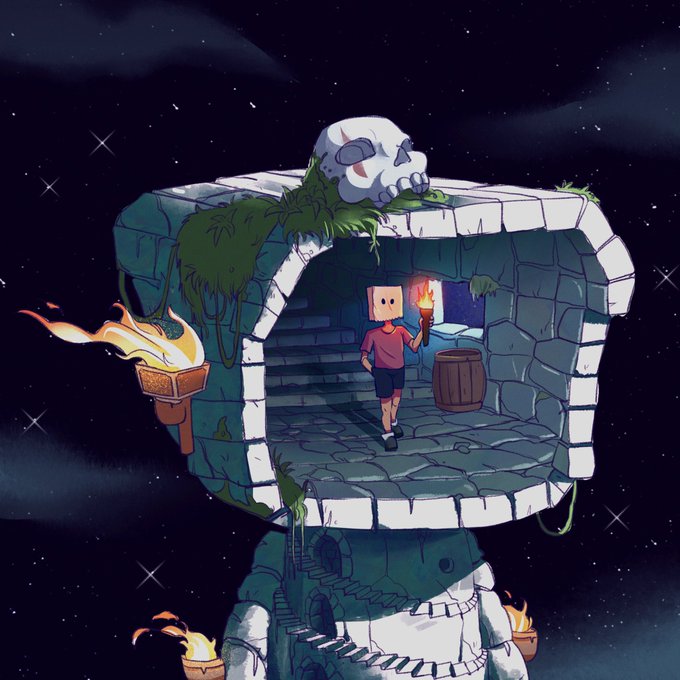 A Minecraft-style character wearing a paper bag mask holds a torch inside a floating stone tower topped with a giant skull, surrounded by starry skies and flaming torches.