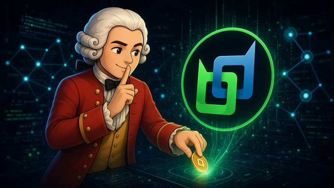 A cartoon figure in 18th-century attire makes a "shh" gesture while holding a gold Bitcoin, beside a green glowing logo with digital network motifs.
