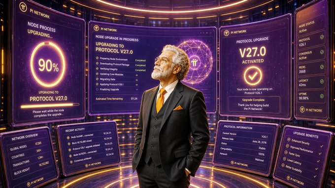 A distinguished man with a white beard, wearing a suit and orange tie, stands before multiple curved digital screens displaying Pi Network's Protocol V27.0 upgrade in progress at 90%, with "V27.0 ACTIVATED" notifications, protocol statuses (v26.1 Active, Consensus Active, CPU 99.98%), and network metrics showing 42,355 global nodes—visually representing Pi Network's progression toward its final planned protocol upgrade.