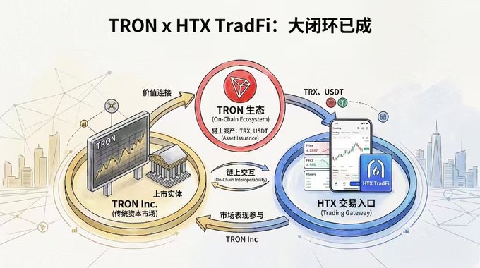 A diagram illustrating the TRON x HTX TradFi closed loop, showing the connection between the TRON Inc. on-chain ecosystem (with TRX and USDT) and the HTX trading gateway.