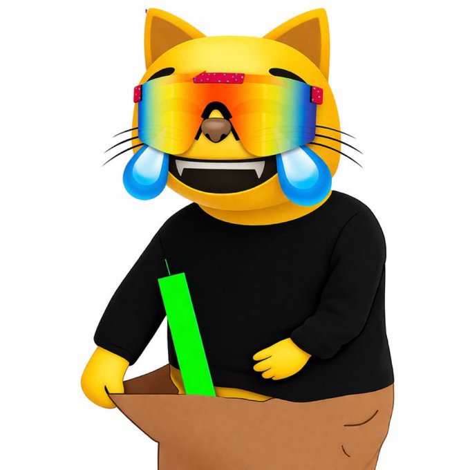 A 3D-rendered crying laughing cat character wearing rainbow ski goggles, a black shirt, and brown pants while holding a cardboard box with a green bottle, resembling a delivery mascot.