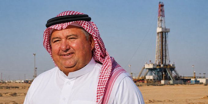 A smiling man wearing a white thobe and a red-and-white checkered shemagh stands in front of an oil drilling rig in a desert setting, fittingly illustrating the post's playful caption about going "from tending the field to running an oil rig." The accompanying text humorously contrasts humble beginnings with the energy industry, promoting the $OIL token swap at app.thesaudis.cash/swap.