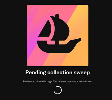 A dark screen showing a pink-to-orange gradient logo of a sailboat with the text 'Pending collection sweep' and a loading spinner.
