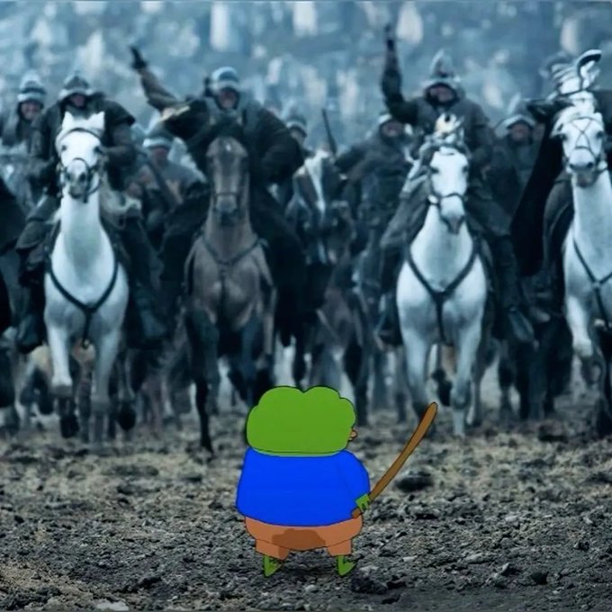 Meme image of a green frog character in a blue jacket, viewed from behind, facing a massive medieval cavalry charge with swords and spears raised.