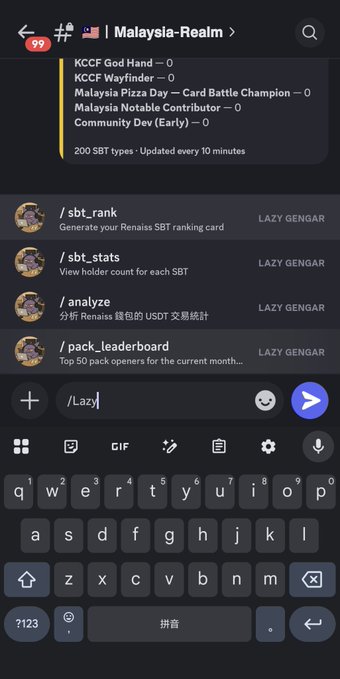 A screenshot of a Telegram chat in the 'Malaysia-Realm' group where a user is typing '/Laz', with keyboard suggestions for Lazylaunch commands like /sbt_rank, /sbt_stats, and /analyze by LAZY GENGAR.