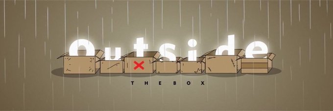 The image features an advertisement for a product called "OutTheBox", which is a box that contains five boxes of varying sizes stacked together, with one box being larger than the others. The text "Outside" is written above the stack of boxes in white letters, and there are two red arrows pointing towards the word "outside". The image also includes a caption below it that reads: "Okay let's give this out - 5GTD spot supply - 1,555 chain - ETH To enter - Follow @GRINDX100x - ethToenter - tag a friend & drop EVM 24 hours GL".