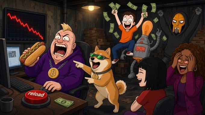 A colorful cartoon illustration depicting crypto/meme culture with characters including a man with a Bitcoin necklace eating a hotdog, a Doge dog, and people celebrating with cash.