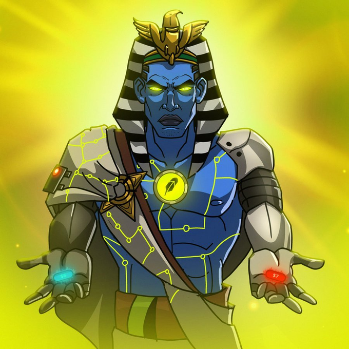 A digital illustration of an Egyptian-themed character with blue skin, a pharaoh's headdress, and glowing gems in each hand against a yellow background.