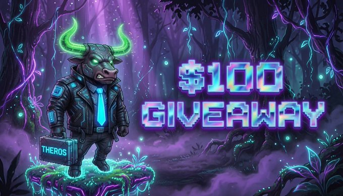 A pixel-art bull in a suit holding a briefcase labeled "THEROS" stands in a neon-lit purple forest, alongside pixelated text announcing a "$10 GIVEAWAY" that promotes the post's $100 USDT or $THERO prize drawing.