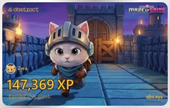 The image features a cartoon cat wearing a knight's outfit, standing on a blue platform with a castle backdrop. The cat appears to be running or walking across the platform. In the background, there are several other characters from the game, including a castle and a dragon. The text in the image includes information about the game, such as "A Abstract Chain: XP + 147K" and "Maze of Champs".