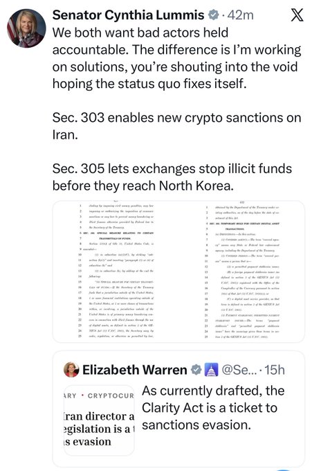 Senator Cynthia Lummis quote-tweets Elizabeth Warren's criticism of the Clarity Act, highlighting specific legislative sections (303 and 305) that enable crypto sanctions on Iran and allow exchanges to block illicit funds from reaching North Korea, while arguing she's crafting solutions rather than merely complaining.