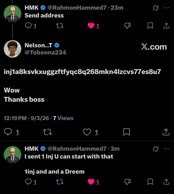 Twitter/X screenshot thread from verified user HMK (@RahmonHammed7) sharing a crypto wallet address starting with 'inj1a8ksvkxuggzf...', with a reply from Nelson..T (@Tobenna234) saying 'Wow Thanks boss', and a follow-up tweet 'I sent 1 Inj U can start with that'.