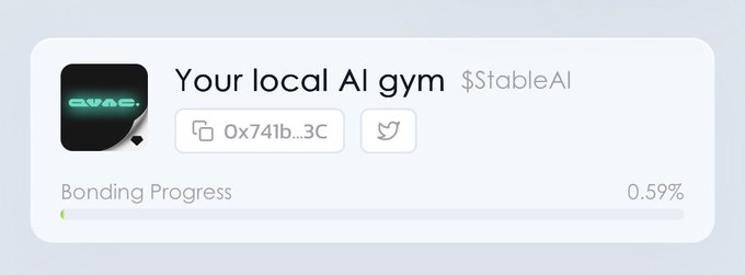 A digital interface titled 'Your local AI gym' with $StableAI branding shows a bonding progress bar at 0.59% and a wallet address beginning with 0x741b...3C.