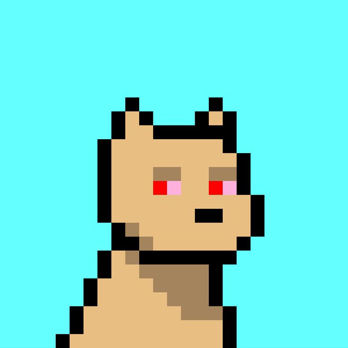 A pixel art character with tan skin, pointy ears, red/pink eyes, and small horns on a turquoise background, depicted in a simple retro game style.