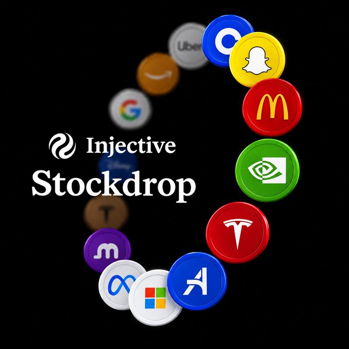 A promotional graphic for 'Injective Stockdrop' featuring various company logos including Uber, Coinbase, Snapchat, McDonald's, NVIDIA, Tesla, Microsoft, Meta, Google, and Amazon arranged in a circular pattern on a black background.