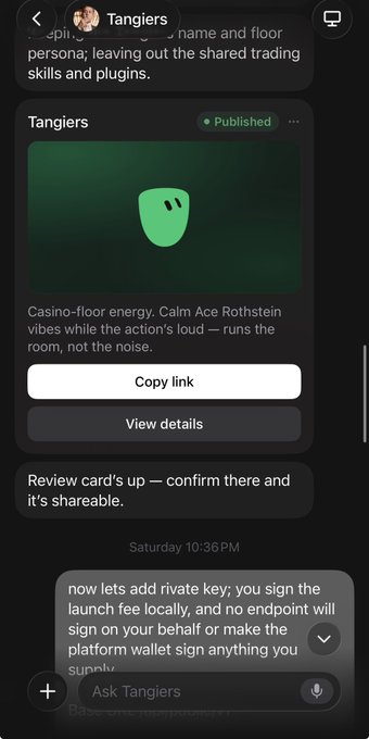 A chat interface with an AI named 'Tangiers' displaying a shared card about 'Casino-floor energy' featuring a green mask icon.