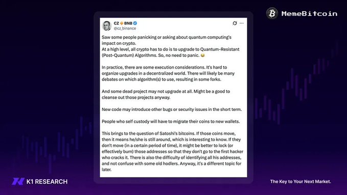 A screenshot of a tweet from CZ (@cz_binance) discussing quantum computing's impact on crypto and the need to upgrade to Quantum-Resistant algorithms, displayed on a dark purple background with the 'MemeBitcoin' logo.