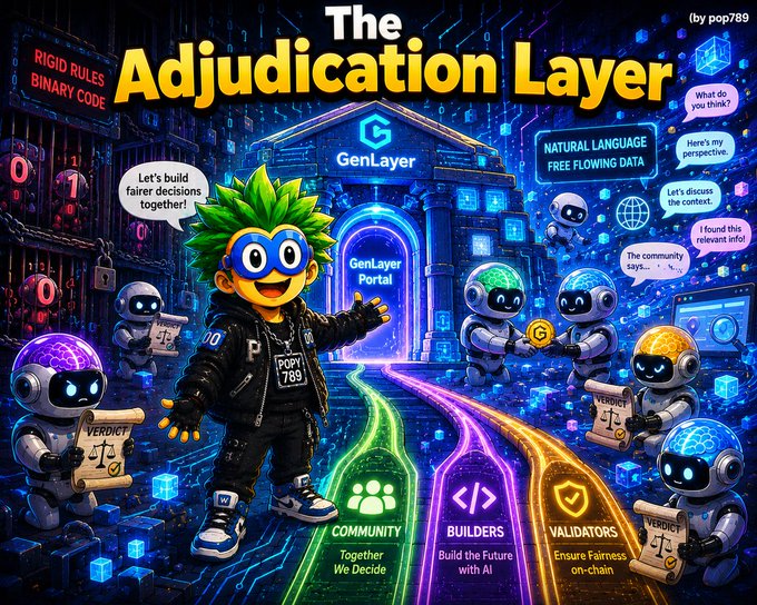 A promotional graphic for 'The Adjudication Layer' by GenLayer, featuring a cartoon character and robots discussing AI-powered decision-making, with categories for Community, Builders, and Validators.
