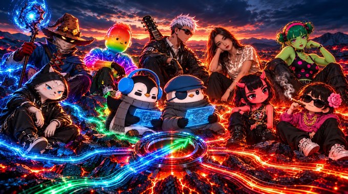A vibrant group image featuring various characters, including two penguins in winter gear with headphones, set against a dramatic landscape with neon-colored lava-like streaks.