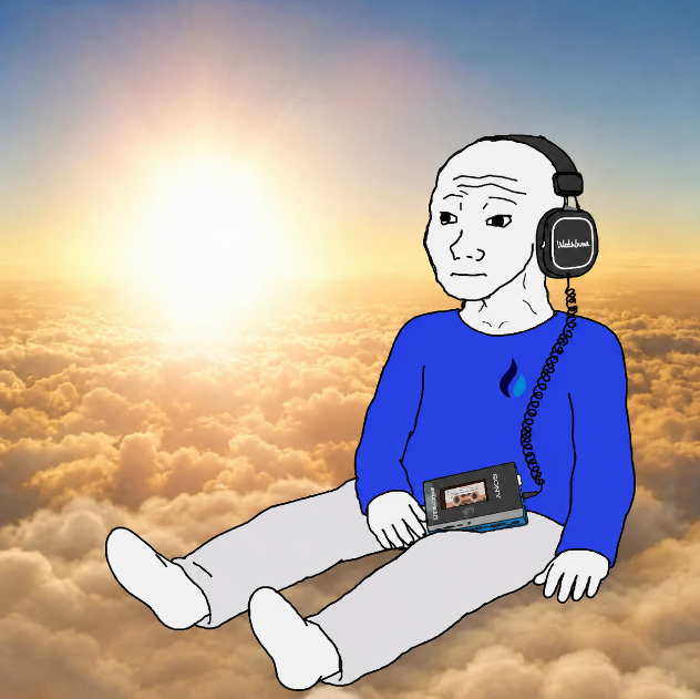 A Wojak-style illustration of a bald figure wearing headphones and a blue HTX/SunPump shirt, sitting on clouds at sunset while holding a portable cassette player.